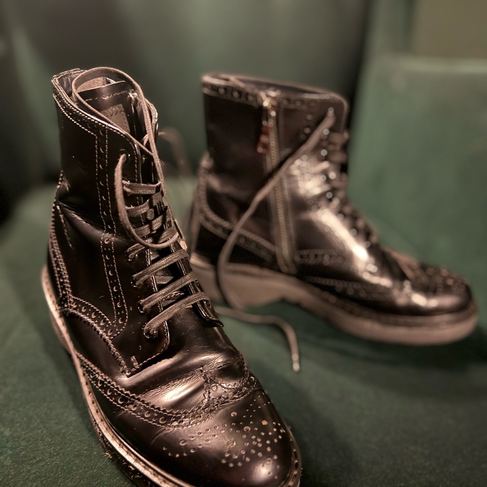Prada Spazzolato Black Lace Up Boots 36 1/2